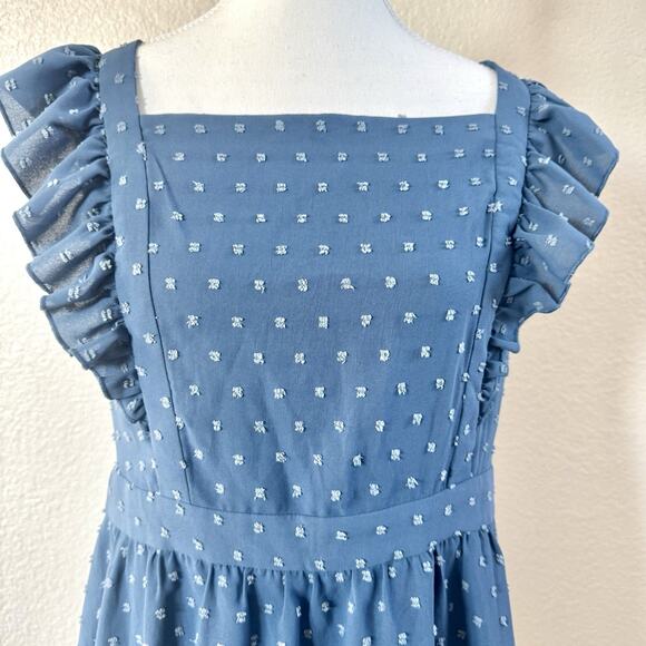 Loemes Floral Fit & Flare Dress Womens Size Large Blue Ruffle Strap Textured - Picture 2 of 15
